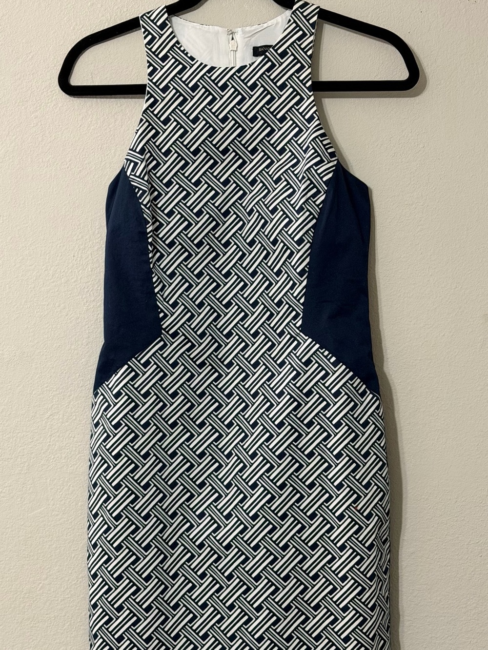 Banana Republic Navy and White Geometric Halter Midi Dress with Navy Side Panels